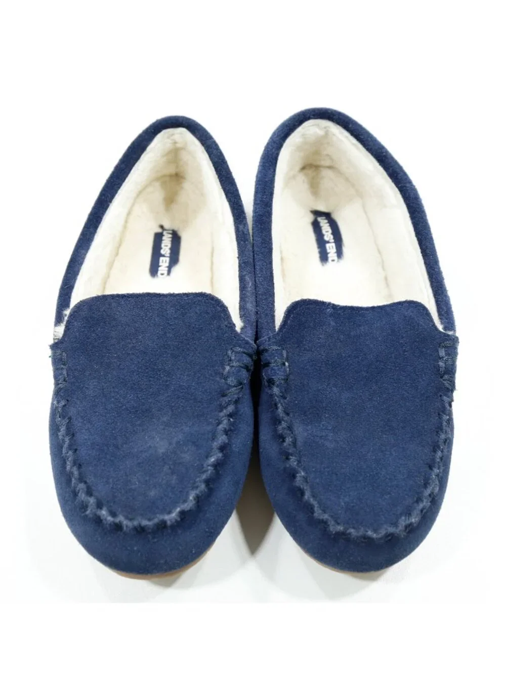 Lands' End Blue Suede Faux-Fur Lined Moccasin Slippers - Boys' 4